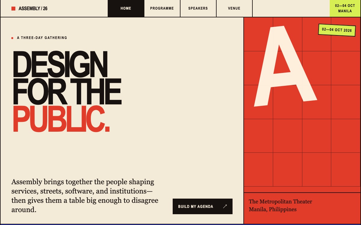 The Assembly template: a cream and red event homepage with oversized condensed type reading “Design for the public” beside a geometric poster.