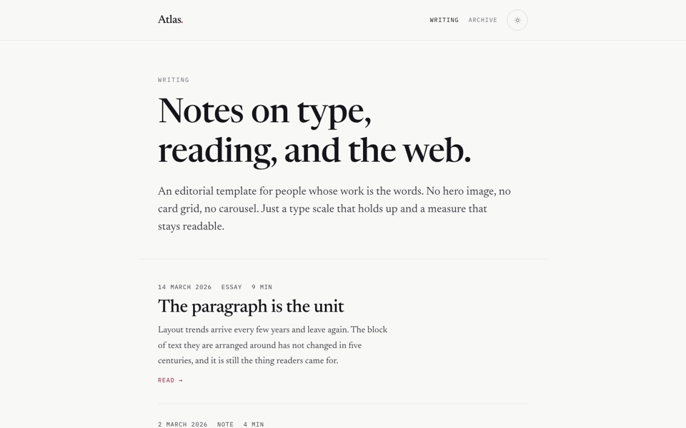 The Atlas template: an editorial writing index in a serif face, with the heading "Notes on type, reading, and the web" above a list of dated essays.
