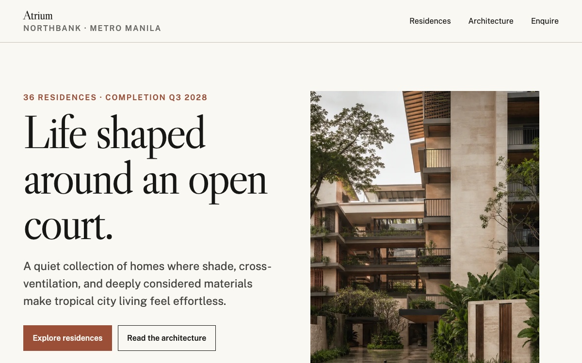 The Atrium template: a limestone-toned residential architecture homepage with editorial serif type, project facts, and a large daylight exterior photograph.