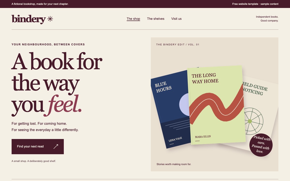 Bindery bookshop: burgundy serif lettering on cream, three illustrated book covers and an invitation to find your next read.