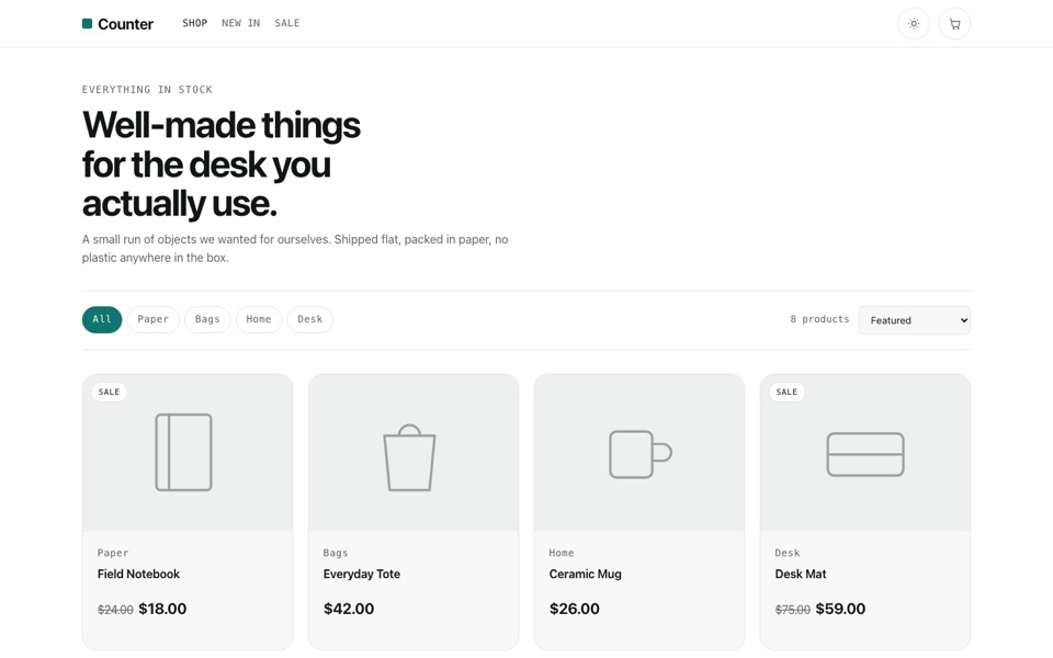 The Counter template: a light storefront with a product grid of eight items, category filter chips, a sort control and sale badges.