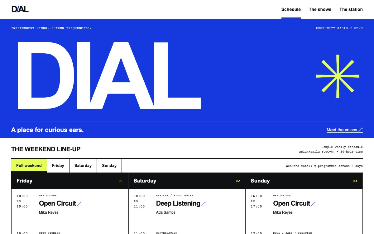 Dial community radio: oversized white station lettering on cobalt, an acid-yellow star and a three-day programme board with time rails.