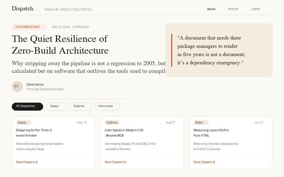 The Dispatch template: an editorial publication homepage with a featured essay titled "The Quiet Resilience of Zero-Build Architecture", category filter chips, and recent dispatches.