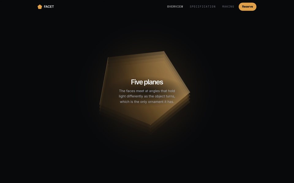 The Facet template: a cinematic product landing where a machined amber object turns as you scroll, driven by CSS rather than an animation library.