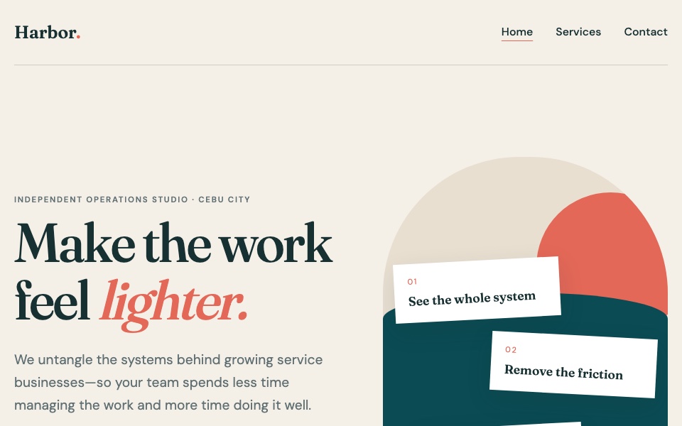 The Harbor template: a warm service-business homepage with the headline “Make the work feel lighter” beside coral and teal geometric cards.