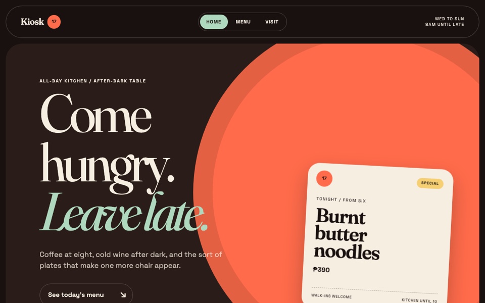 The Kiosk template: a dark late-night restaurant homepage with expressive serif type, a coral plate motif, and a rounded daily-special ticket.
