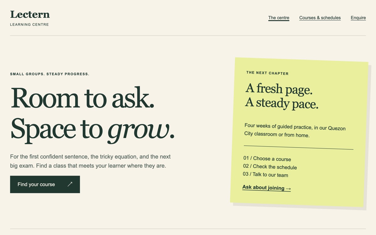 Lectern learning centre: warm paper, forest-green serif lettering, a lime term note and a clear course timetable.
