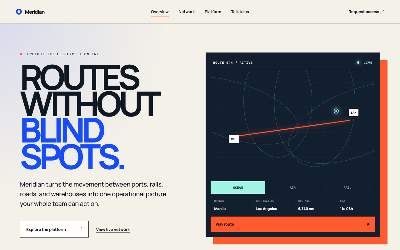 The Meridian template: an off-white freight intelligence homepage with oversized navy and blue type beside a dark live-route console.