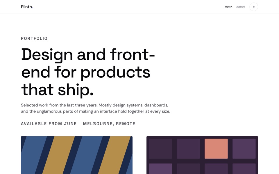 The Plinth template: a portfolio index with the heading "Design and front-end for products that ship" above a two-column grid of abstract geometric project covers.
