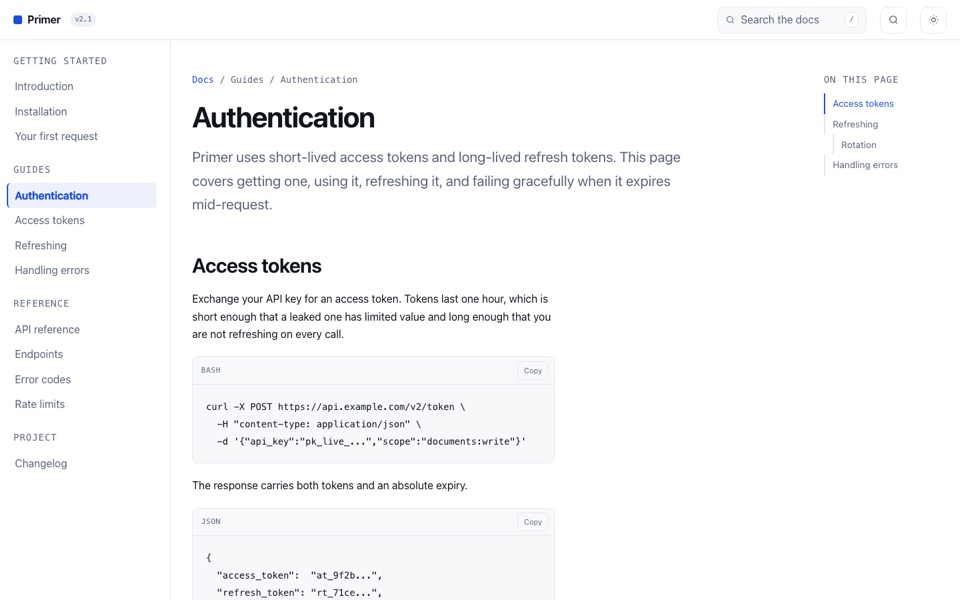 The Primer template: a light documentation page with a left sidebar of sections, an article about authentication with a code block, and an on-page contents list at the right.