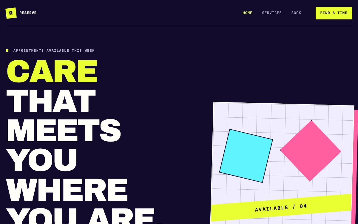 The Reserve template: an electric booking homepage with a huge chartreuse and white headline beside a tilted lavender grid with cyan and pink shapes.