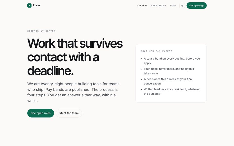 The Roster template: a warm-paper careers site with published pay bands, a filterable list of open roles, and a four-step hiring process.