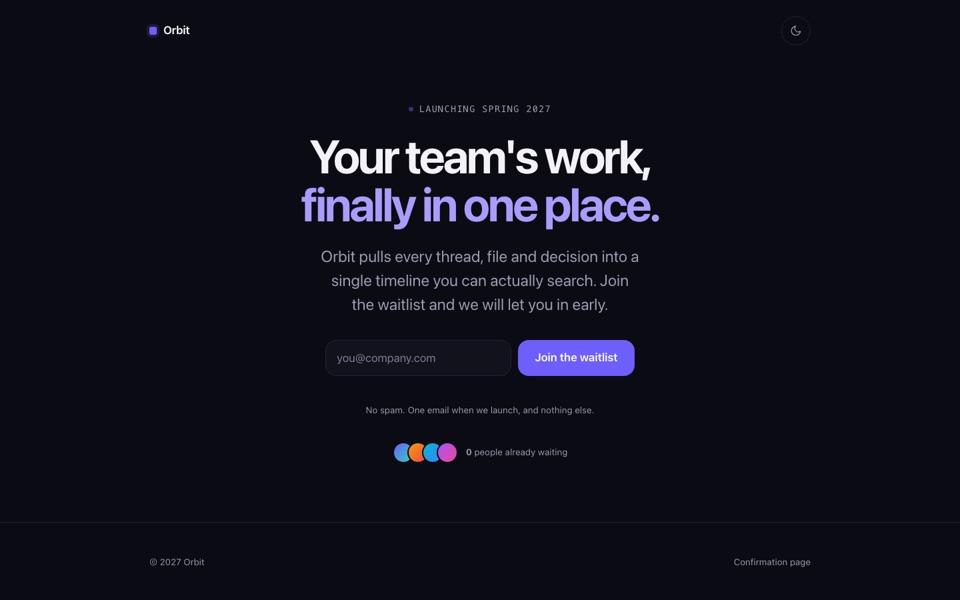 The Signal template: a dark waitlist page with a large violet headline reading "Your team’s work, finally in one place", an email field and a join button.