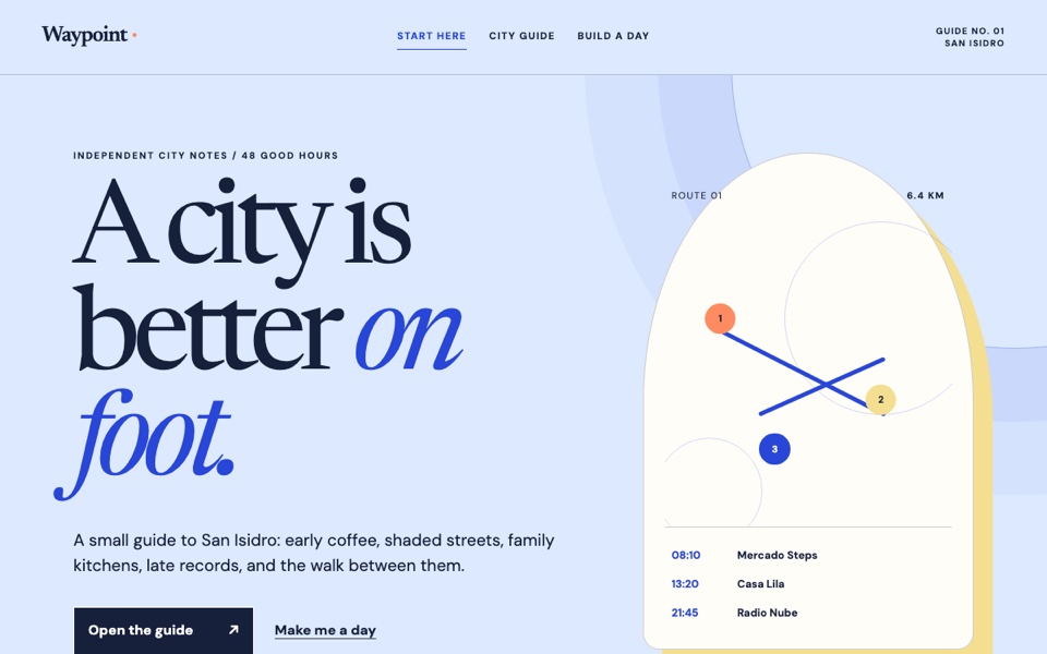 The Waypoint template: a powder-blue independent city guide with an oversized editorial headline and a playful illustrated walking route.
